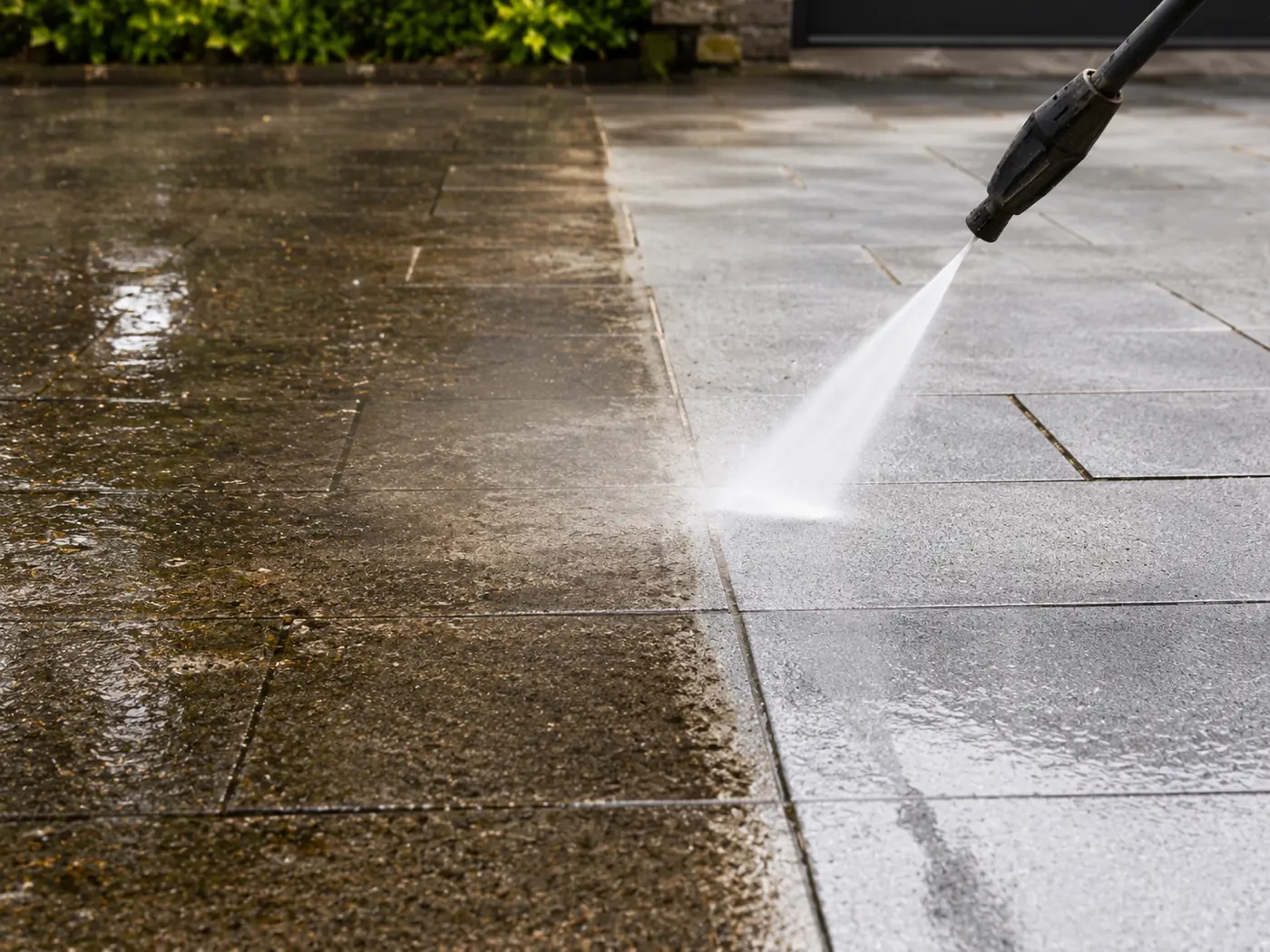Power washing a driveway, half cleaned