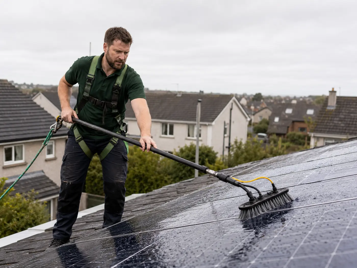 Solar panel cleaning on an Irish suburban roof